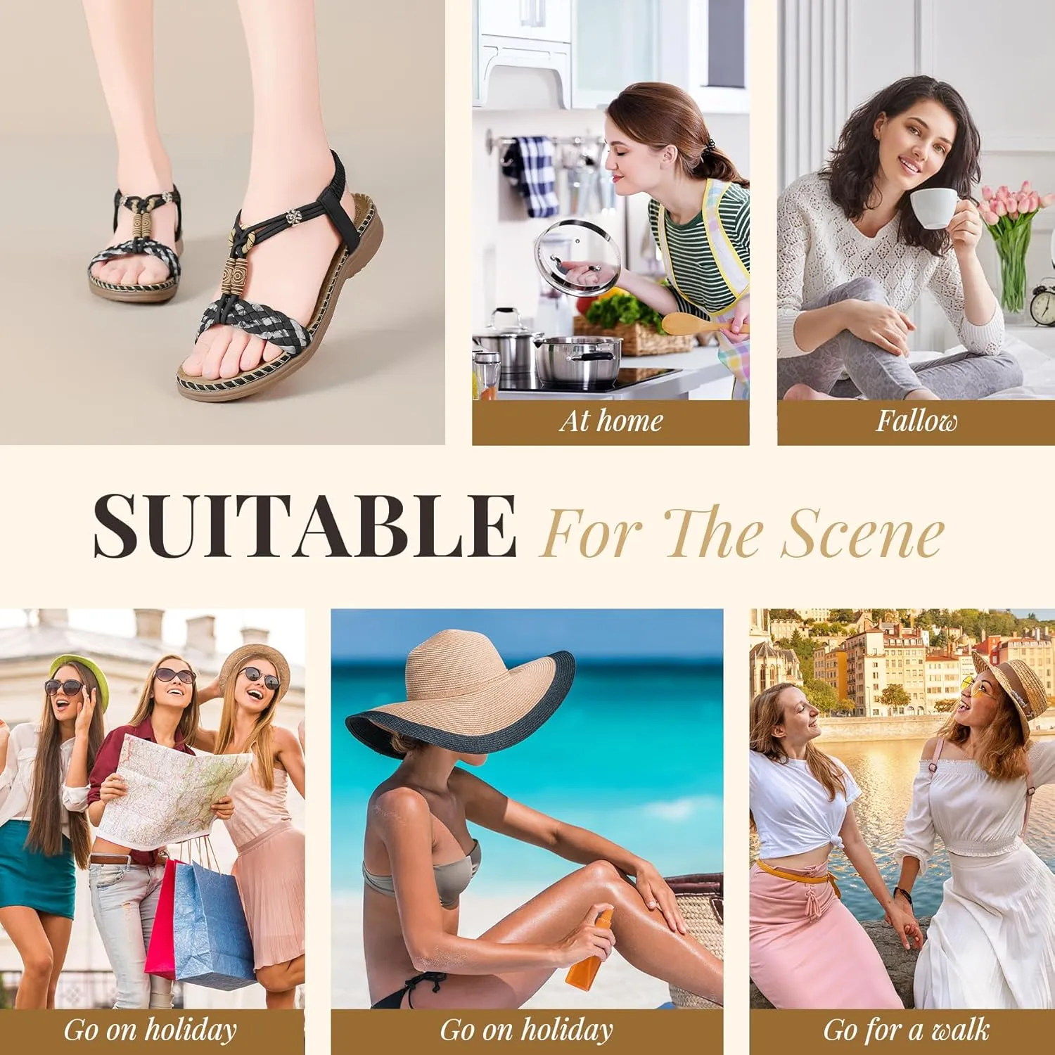 Littleplum Women Sandals Arch Support Handmade Bohemian Braided Flat Sandals Comfort Walking Beach Ankle Elastic Summer Shoes