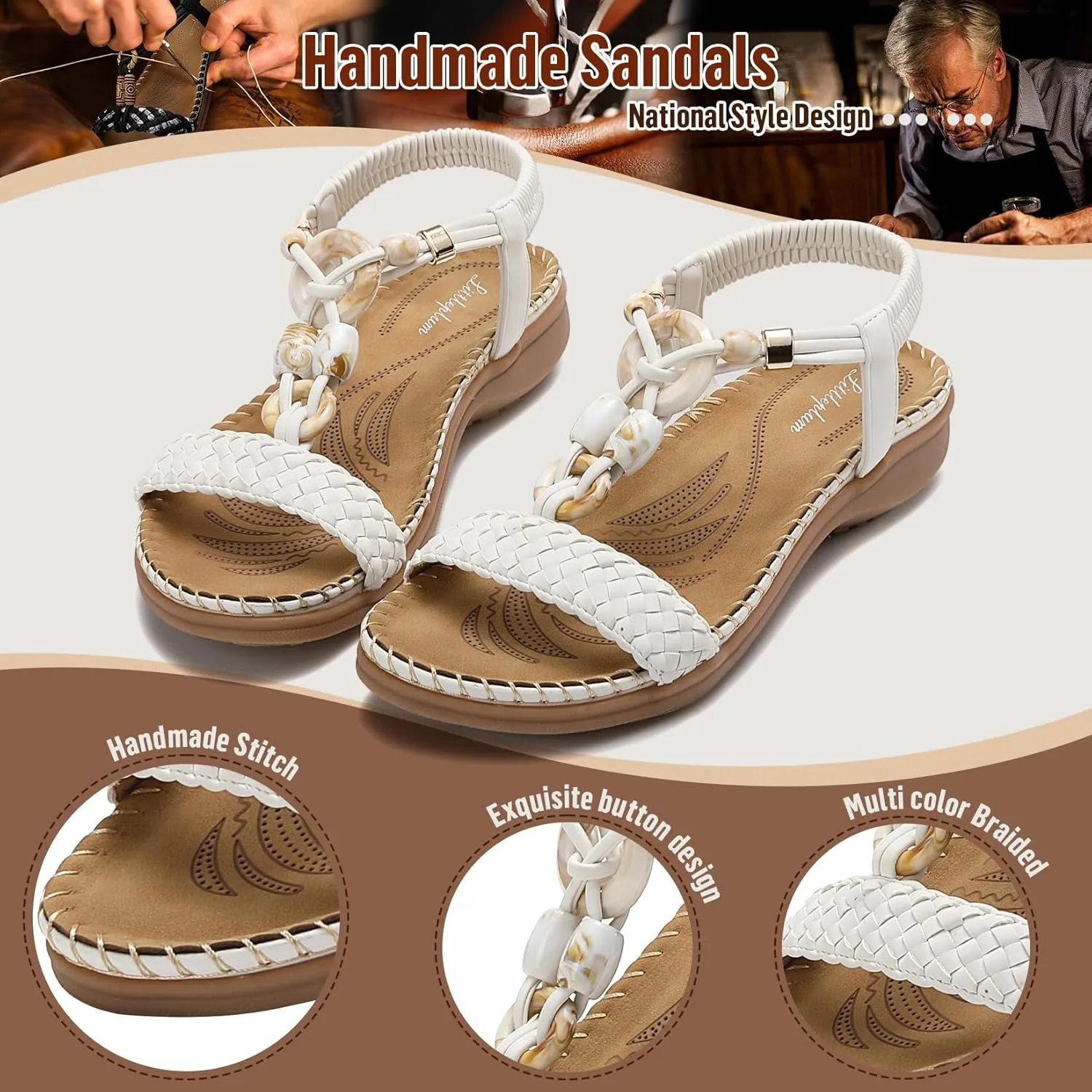 Littleplum Women Sandals Arch Support Handmade Bohemian Braided Flat Sandals Comfort Walking Beach Ankle Elastic Summer Shoes