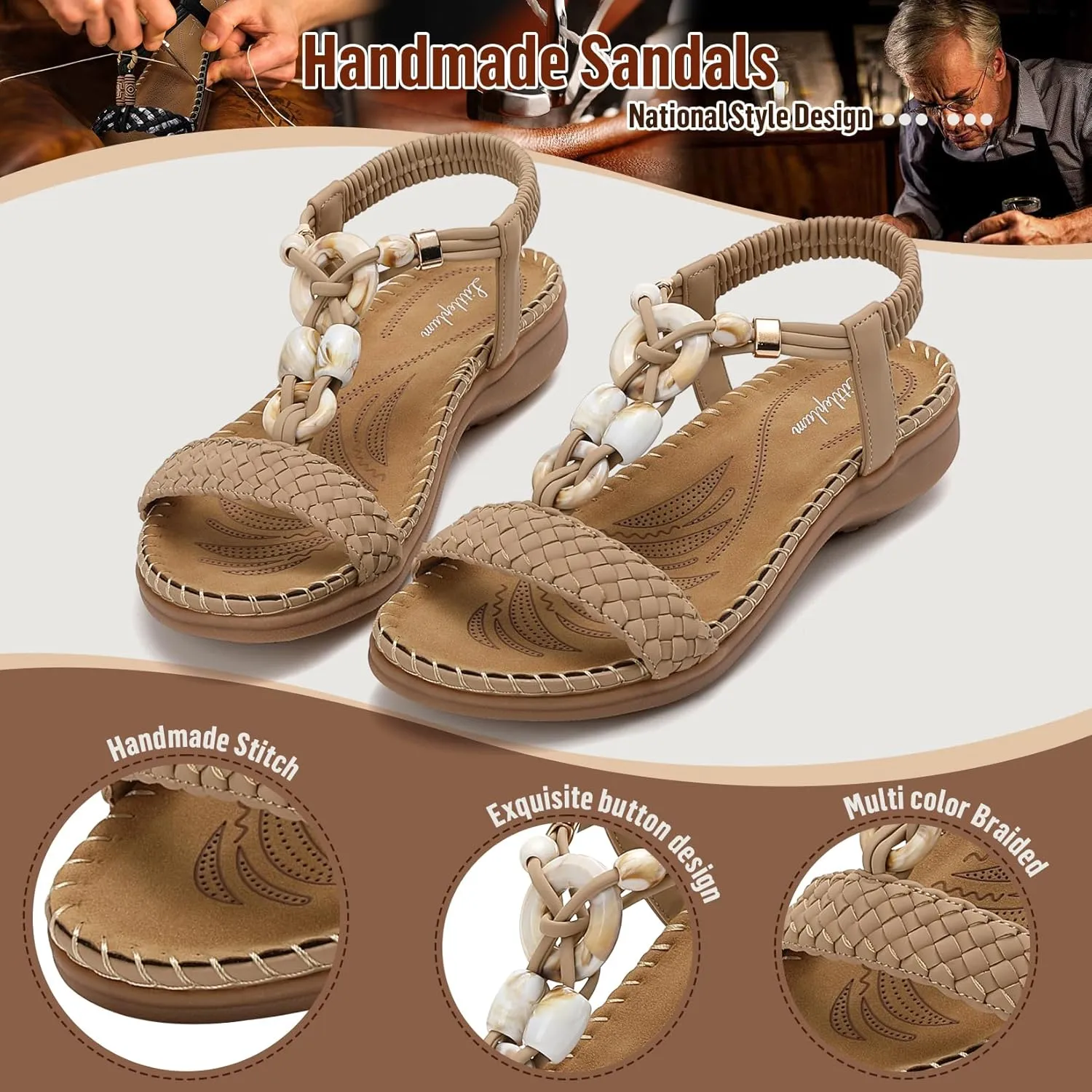 Littleplum Women Sandals Arch Support Handmade Bohemian Braided Flat Sandals Comfort Walking Beach Ankle Elastic Summer Shoes