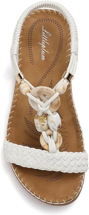 Littleplum Women Sandals Arch Support Handmade Bohemian Braided Flat Sandals Comfort Walking Beach Ankle Elastic Summer Shoes