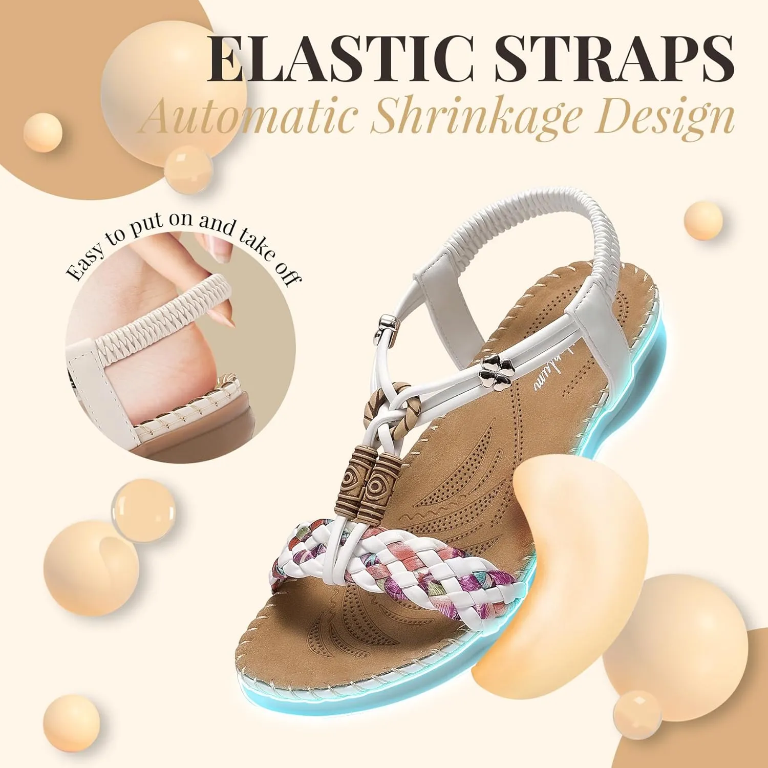 Littleplum Women Sandals Arch Support Handmade Bohemian Braided Flat Sandals Comfort Walking Beach Ankle Elastic Summer Shoes