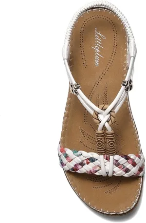 Littleplum Women Sandals Arch Support Handmade Bohemian Braided Flat Sandals Comfort Walking Beach Ankle Elastic Summer Shoes
