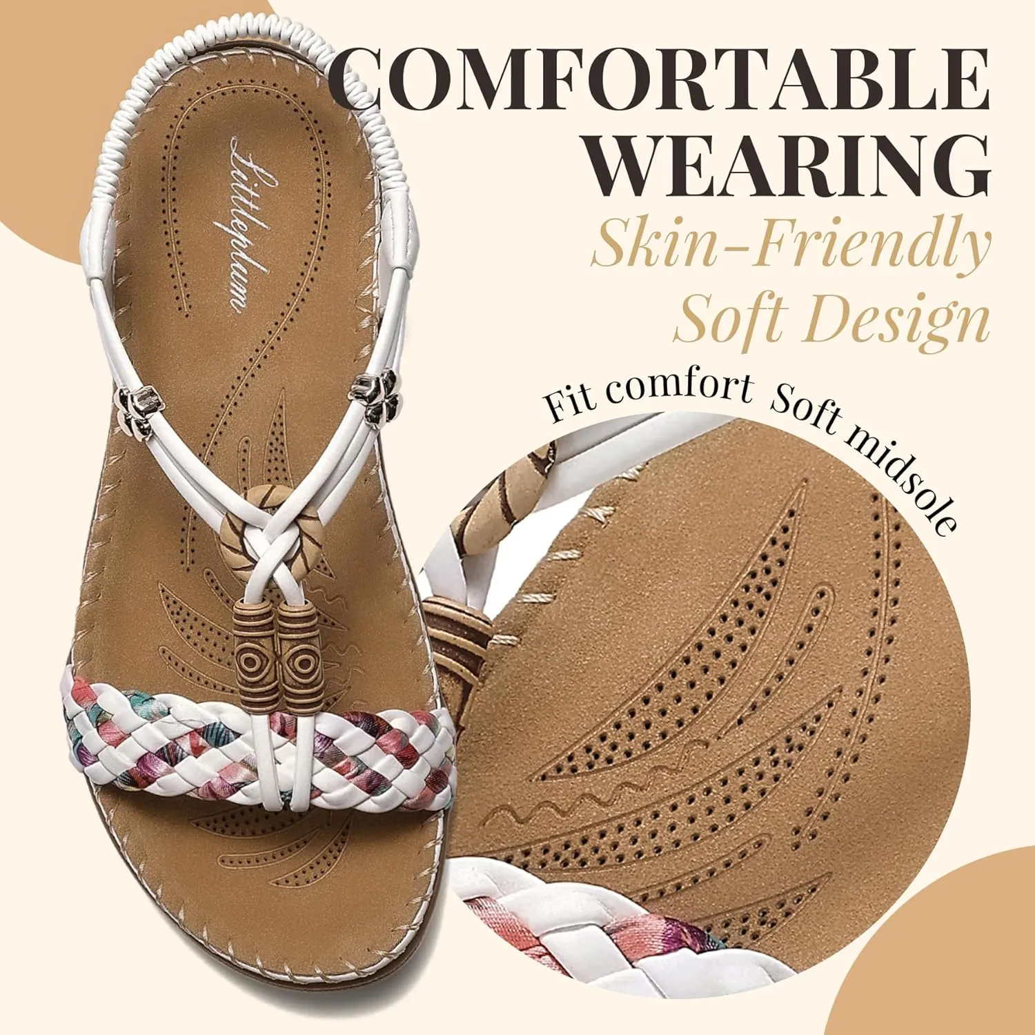 Littleplum Women Sandals Arch Support Handmade Bohemian Braided Flat Sandals Comfort Walking Beach Ankle Elastic Summer Shoes