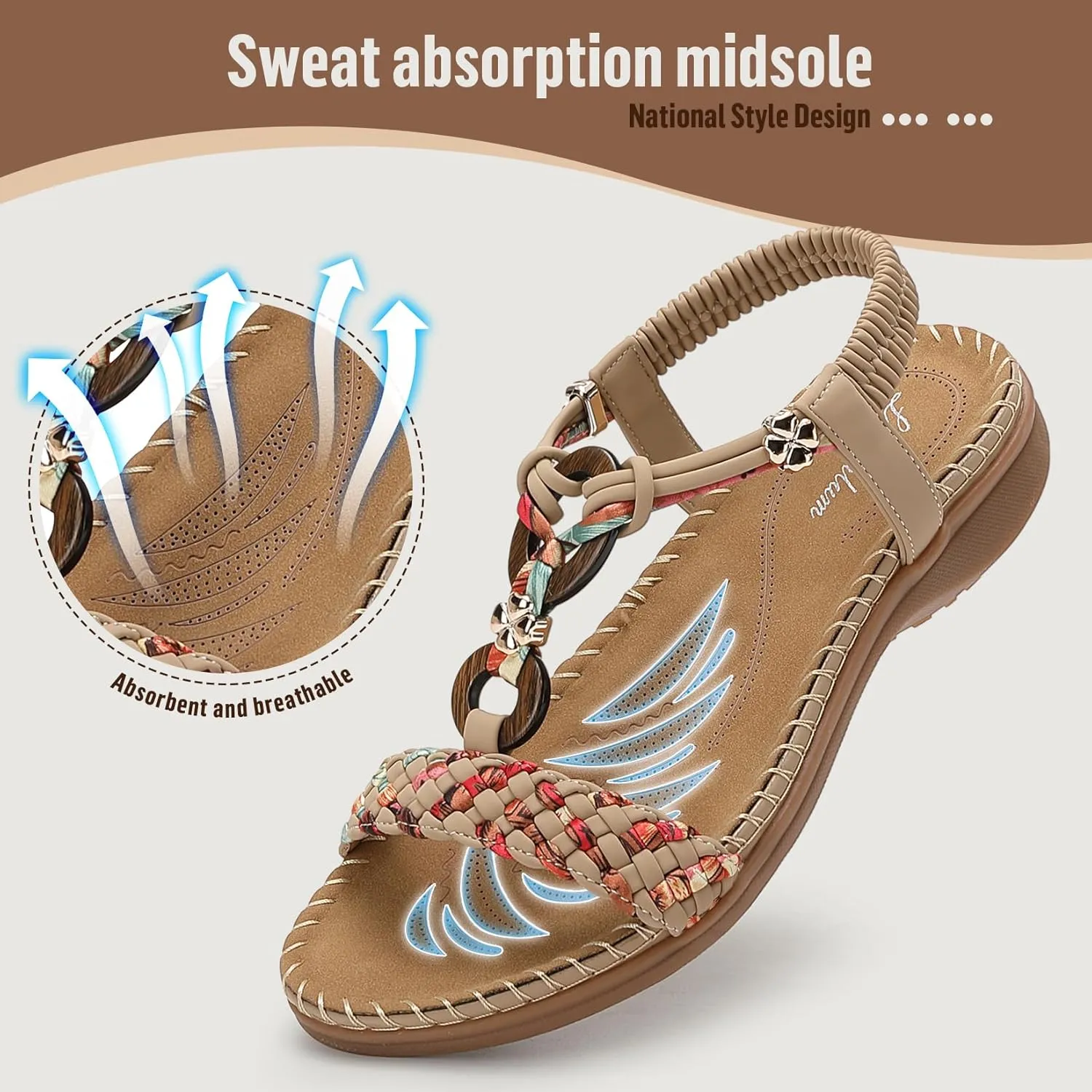 Littleplum Women Sandals Arch Support Handmade Bohemian Braided Flat Sandals Comfort Walking Beach Ankle Elastic Summer Shoes