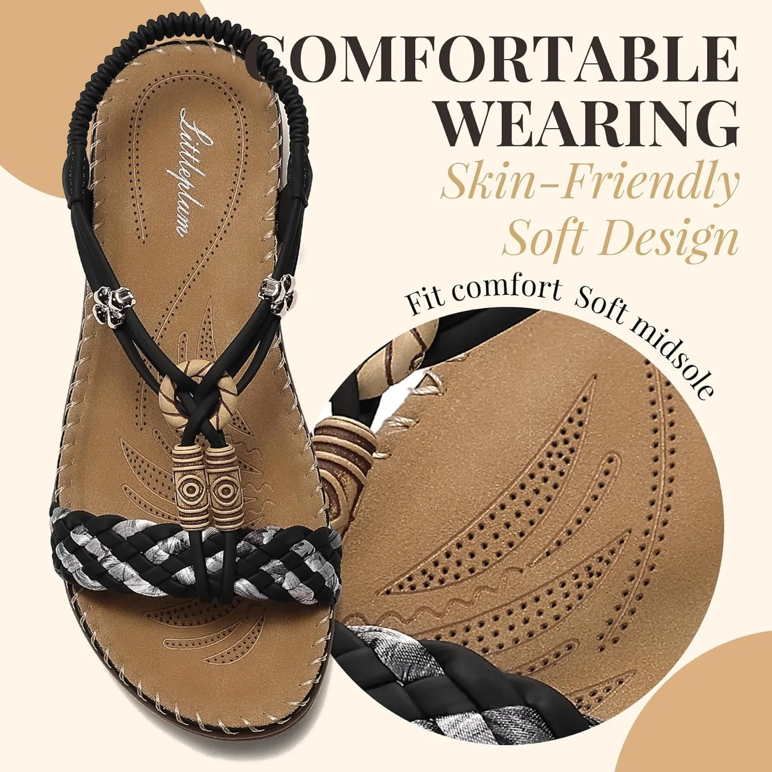 Littleplum Women Sandals Arch Support Handmade Bohemian Braided Flat Sandals Comfort Walking Beach Ankle Elastic Summer Shoes