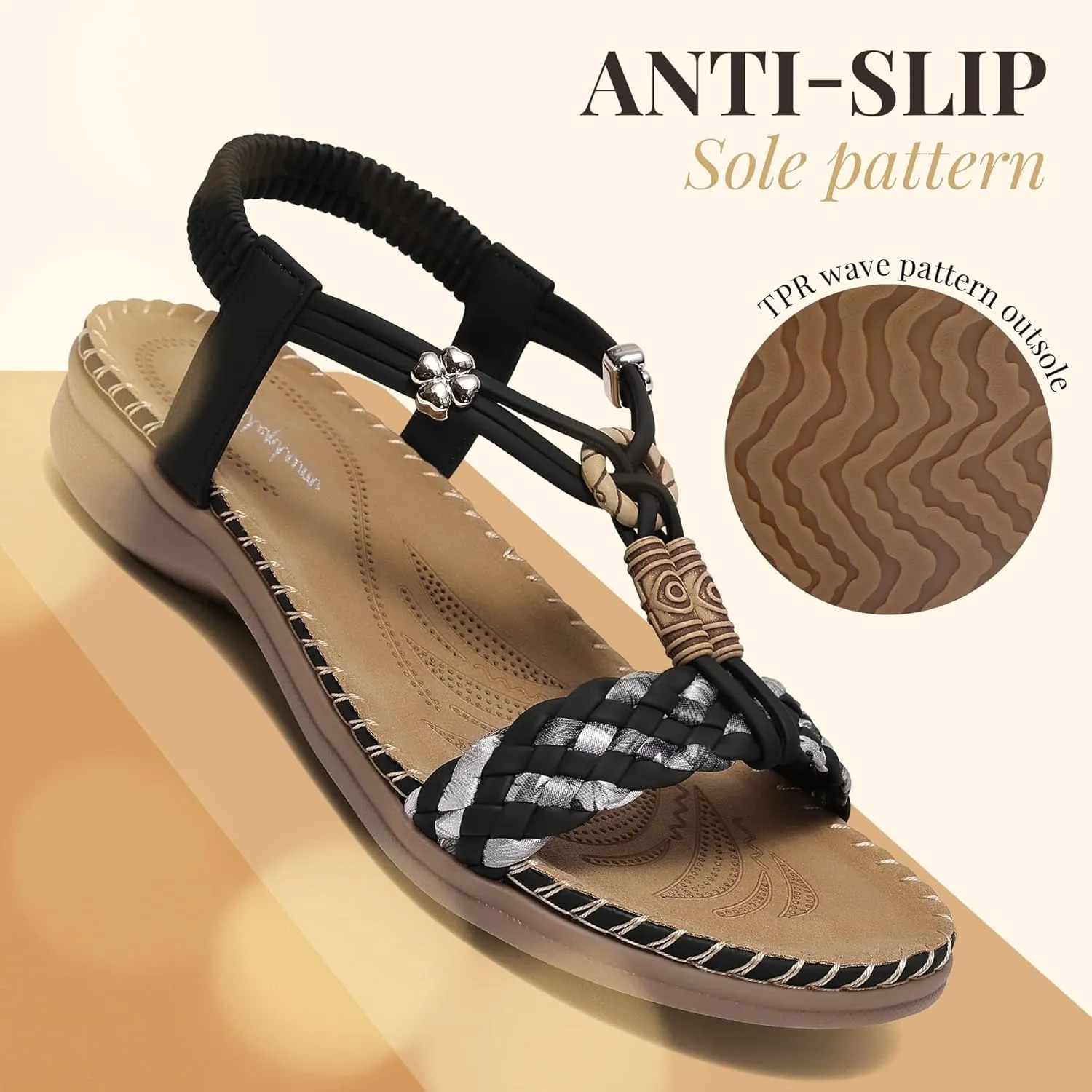 Littleplum Women Sandals Arch Support Handmade Bohemian Braided Flat Sandals Comfort Walking Beach Ankle Elastic Summer Shoes