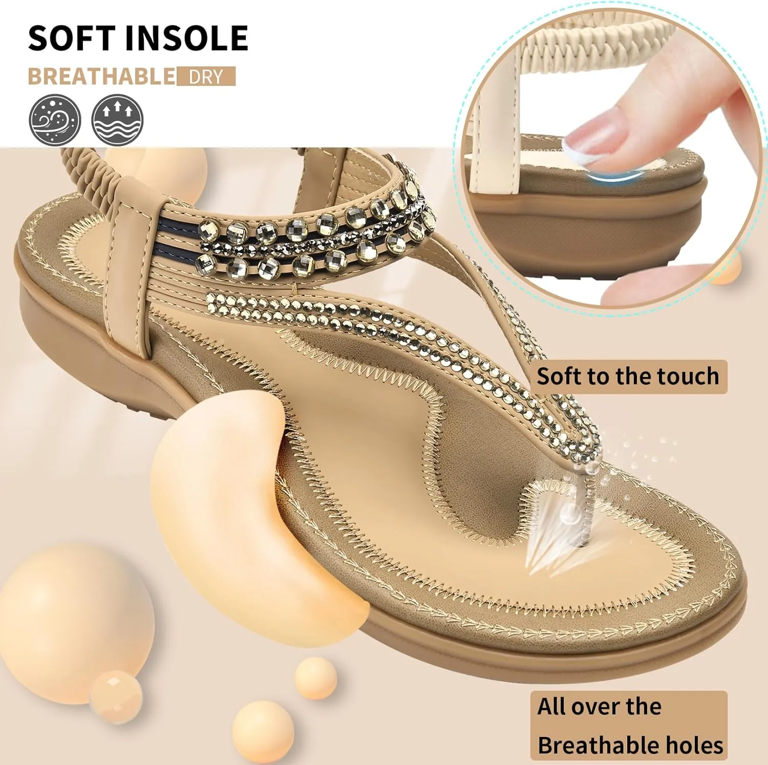 Littleplum Womens Sandals Arch Support Slingback Rhinestone Dressy Sandals Comfort Summer Shoes Ankle Strap Elastic Flats for Beach Walking