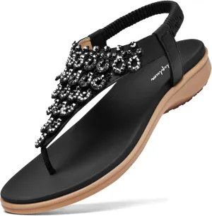 Littleplum Womens Sandals Arch Support Slingback Rhinestone Dressy Sandals Comfort Summer Shoes Ankle Strap Elastic Flats for Beach Walking