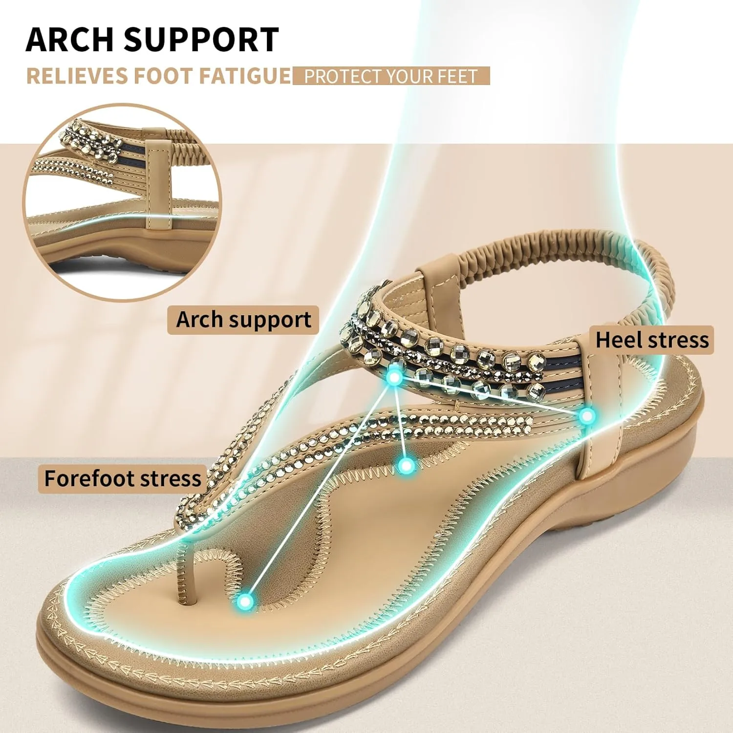 Littleplum Womens Sandals Arch Support Slingback Rhinestone Dressy Sandals Comfort Summer Shoes Ankle Strap Elastic Flats for Beach Walking
