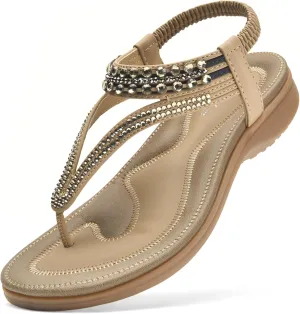 Littleplum Womens Sandals Arch Support Slingback Rhinestone Dressy Sandals Comfort Summer Shoes Ankle Strap Elastic Flats for Beach Walking
