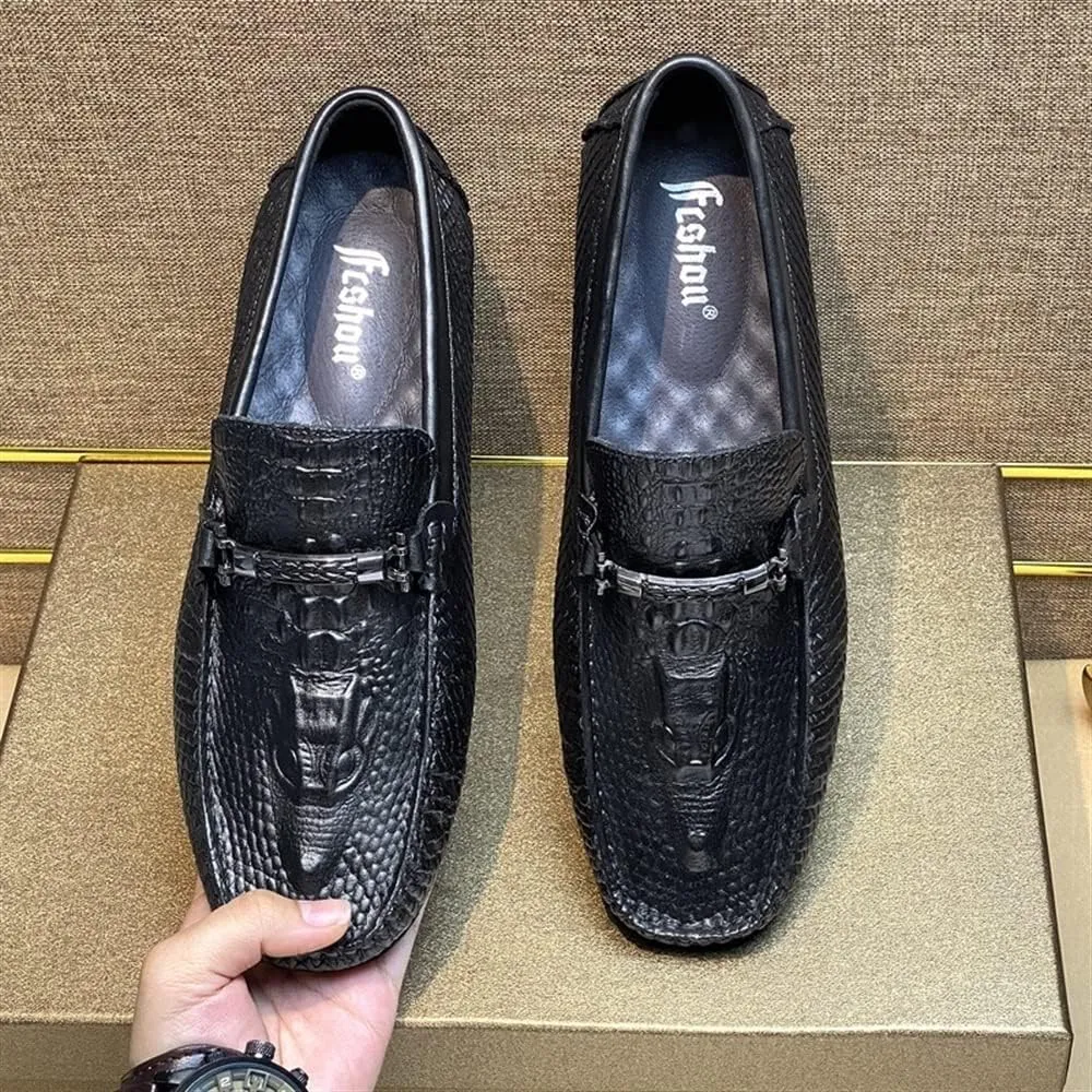 Loafers for Men Round Toe Faux Crocodile Print Leather Lightweight Flexible Flat Heel Fashion Slip On