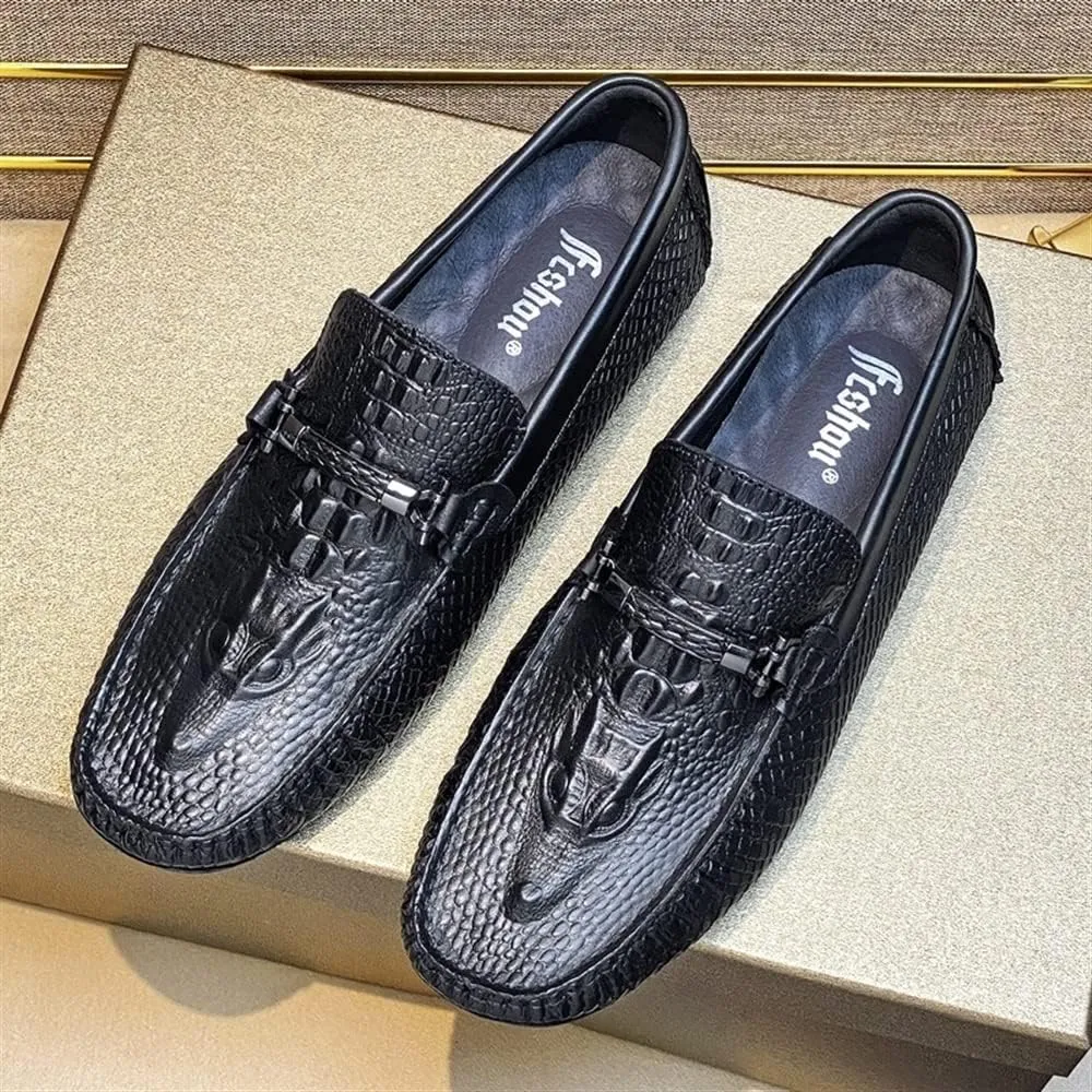 Loafers for Men Round Toe Faux Crocodile Print Leather Lightweight Flexible Flat Heel Fashion Slip On