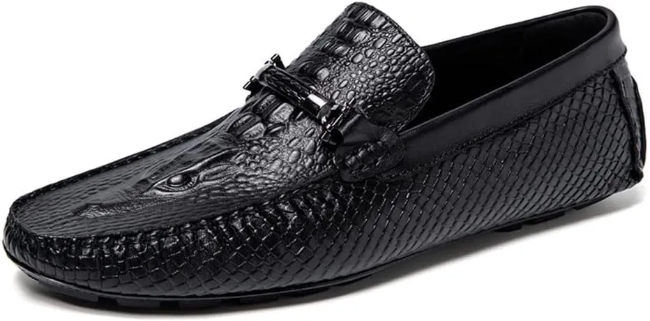 Loafers for Men Round Toe Faux Crocodile Print Leather Lightweight Flexible Flat Heel Fashion Slip On