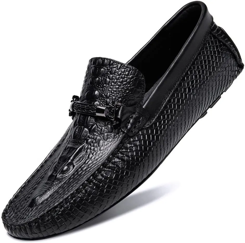 Loafers for Men Round Toe Faux Crocodile Print Leather Lightweight Flexible Flat Heel Fashion Slip On