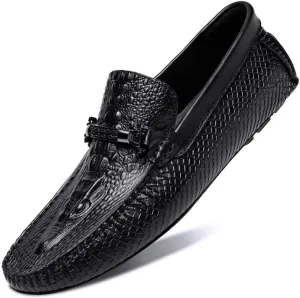 Loafers for Men Round Toe Faux Crocodile Print Leather Lightweight Flexible Flat Heel Fashion Slip On
