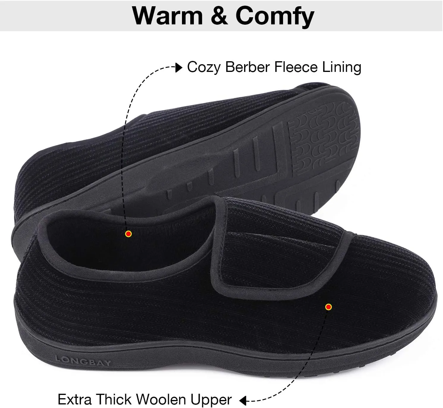 LongBay Men's Memory Foam Diabetic Slippers Comfy Warm Plush Fleece Arthritis Edema Swollen House Shoes