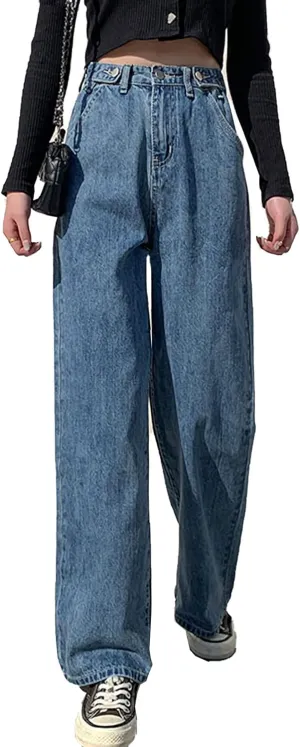 LQI Women's High Waist Baggy Boyfriend Jeans Distressed Wide Leg Denim Pants