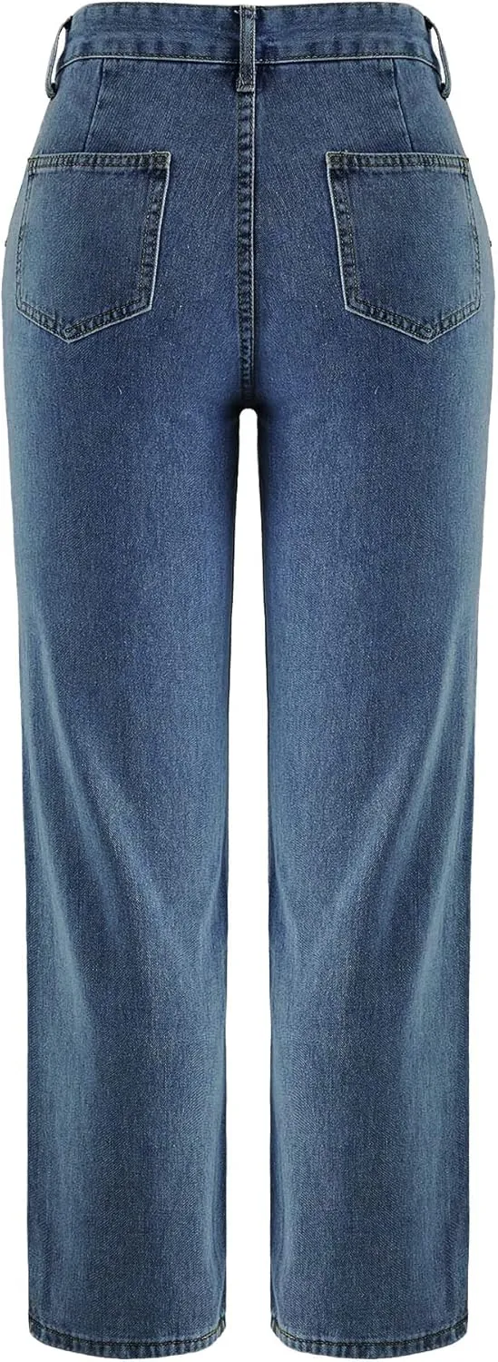 LQI Women's High Waist Baggy Boyfriend Jeans Distressed Wide Leg Denim Pants