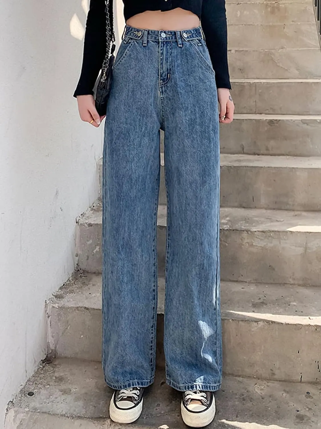 LQI Women's High Waist Baggy Boyfriend Jeans Distressed Wide Leg Denim Pants