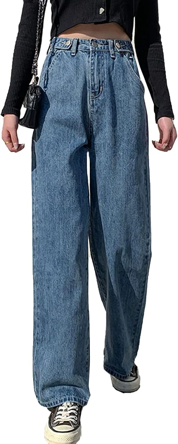 LQI Women's High Waist Baggy Boyfriend Jeans Distressed Wide Leg Denim Pants