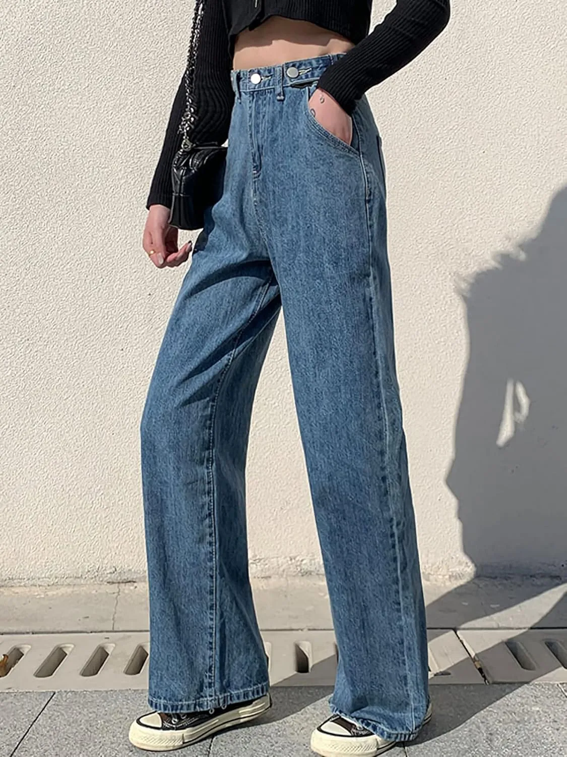 LQI Women's High Waist Baggy Boyfriend Jeans Distressed Wide Leg Denim Pants