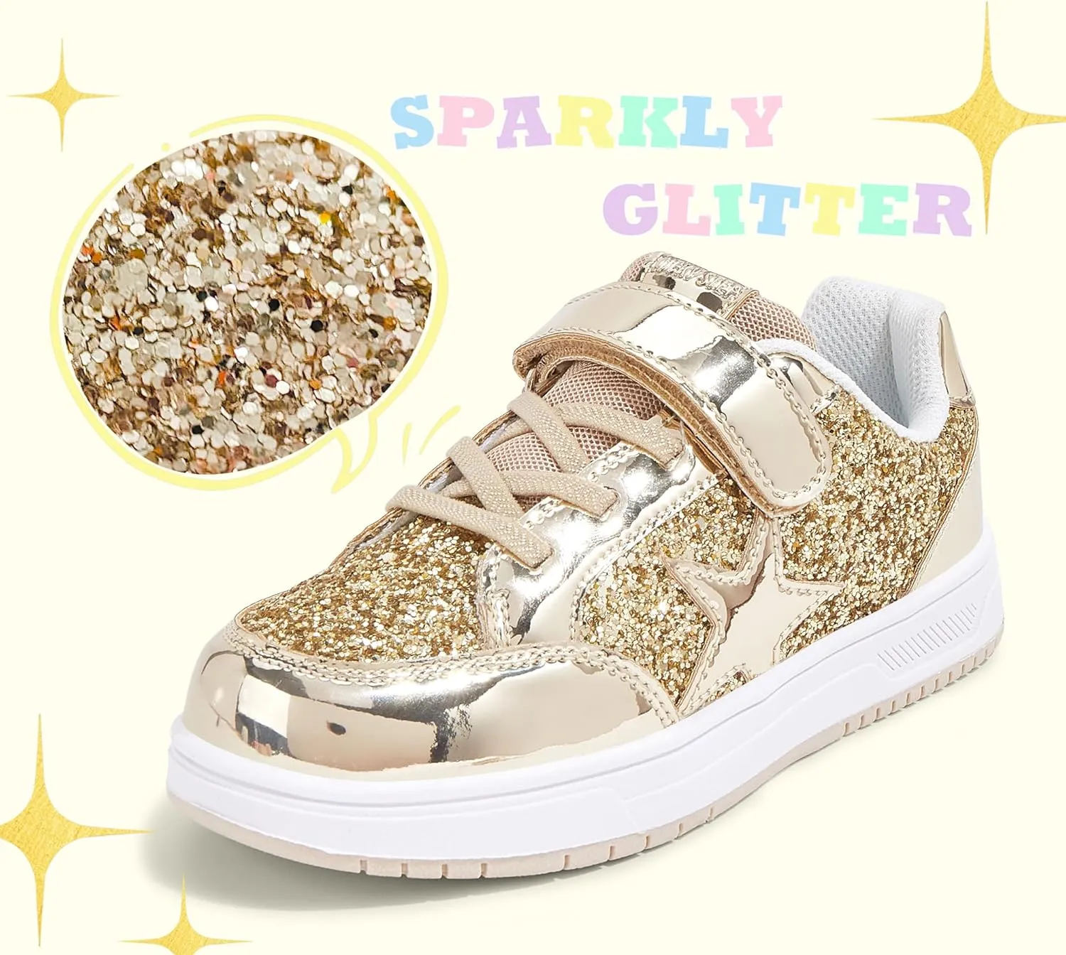 LUCKY STEP Kid's Glitter Walking Shoes Shiny Sparkly Sequins Fashion Sneakers Hook and Loop Athletic Unisex-Child Casual Running for Children/Boys/Girls