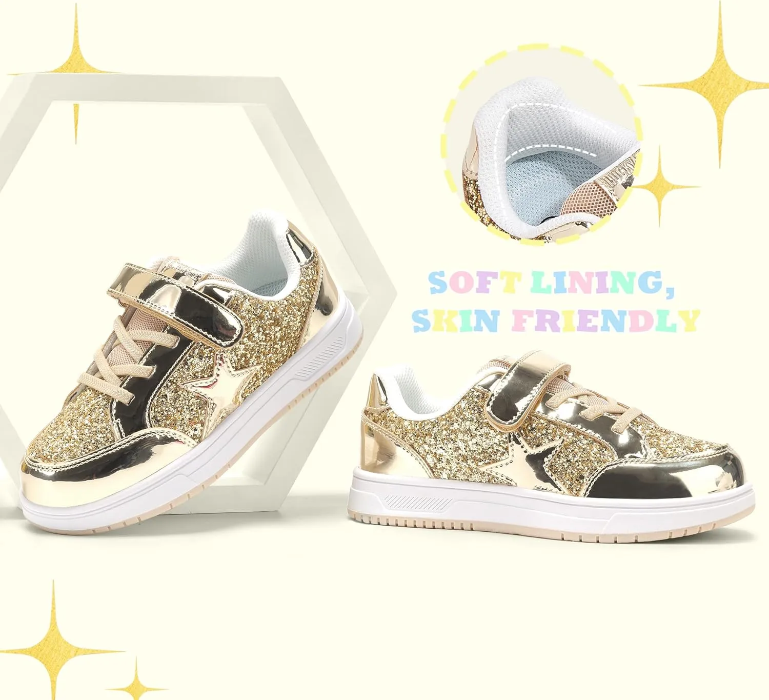 LUCKY STEP Kid's Glitter Walking Shoes Shiny Sparkly Sequins Fashion Sneakers Hook and Loop Athletic Unisex-Child Casual Running for Children/Boys/Girls