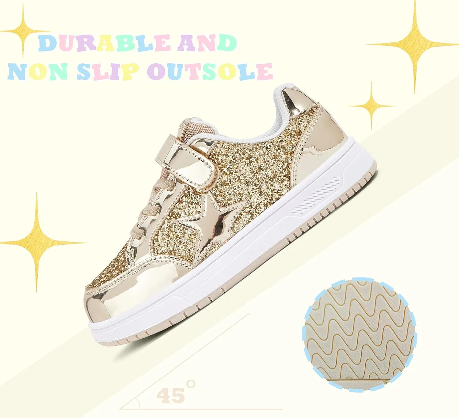 LUCKY STEP Kid's Glitter Walking Shoes Shiny Sparkly Sequins Fashion Sneakers Hook and Loop Athletic Unisex-Child Casual Running for Children/Boys/Girls