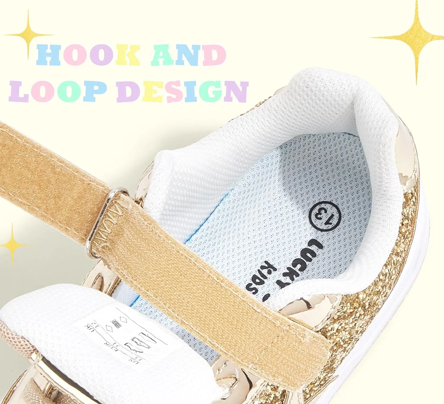 LUCKY STEP Kid's Glitter Walking Shoes Shiny Sparkly Sequins Fashion Sneakers Hook and Loop Athletic Unisex-Child Casual Running for Children/Boys/Girls