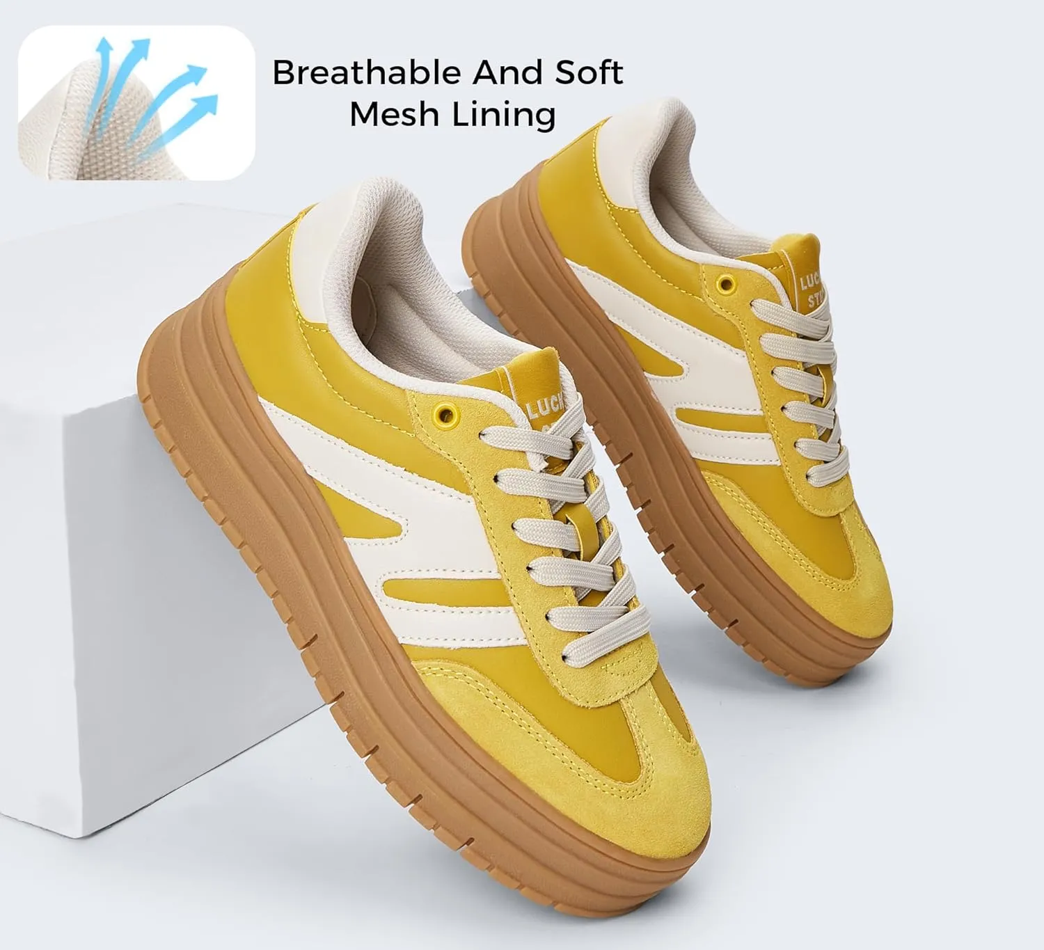 LUCKY STEP Women's Platform Gum Thick Sole Fashion Sneakers Classic Retro Rubber Low Top Casual Tennis Skate Walking Shoes