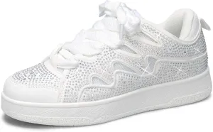 LUCKY STEP Women's Sparkle Rhinestone Fashion Sneakers Walking Tennis Bling Glitter Roaring Shoes Platform Lace up Casual Mesh Sneaker
