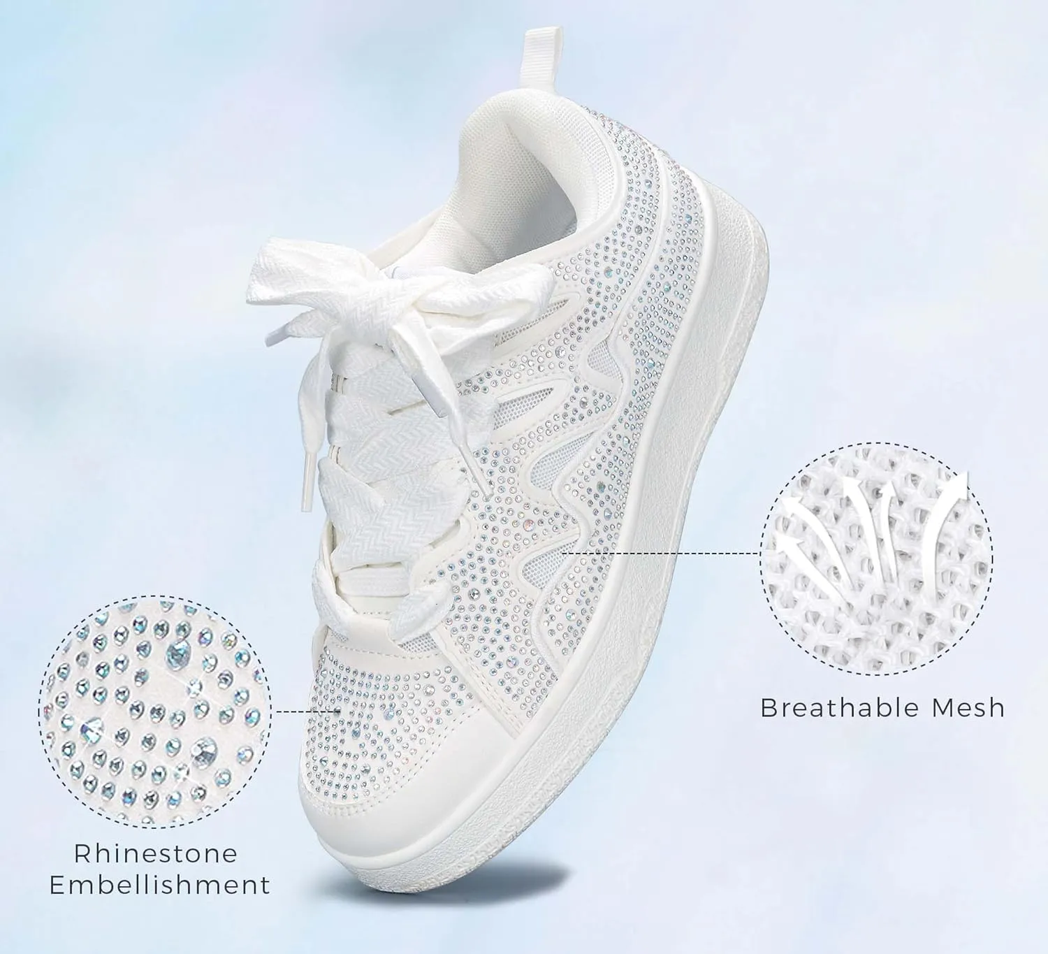 LUCKY STEP Women's Sparkle Rhinestone Fashion Sneakers Walking Tennis Bling Glitter Roaring Shoes Platform Lace up Casual Mesh Sneaker