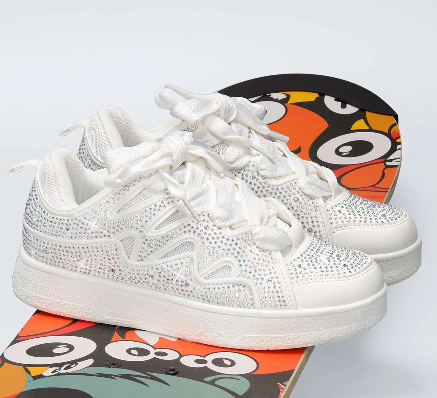 LUCKY STEP Women's Sparkle Rhinestone Fashion Sneakers Walking Tennis Bling Glitter Roaring Shoes Platform Lace up Casual Mesh Sneaker
