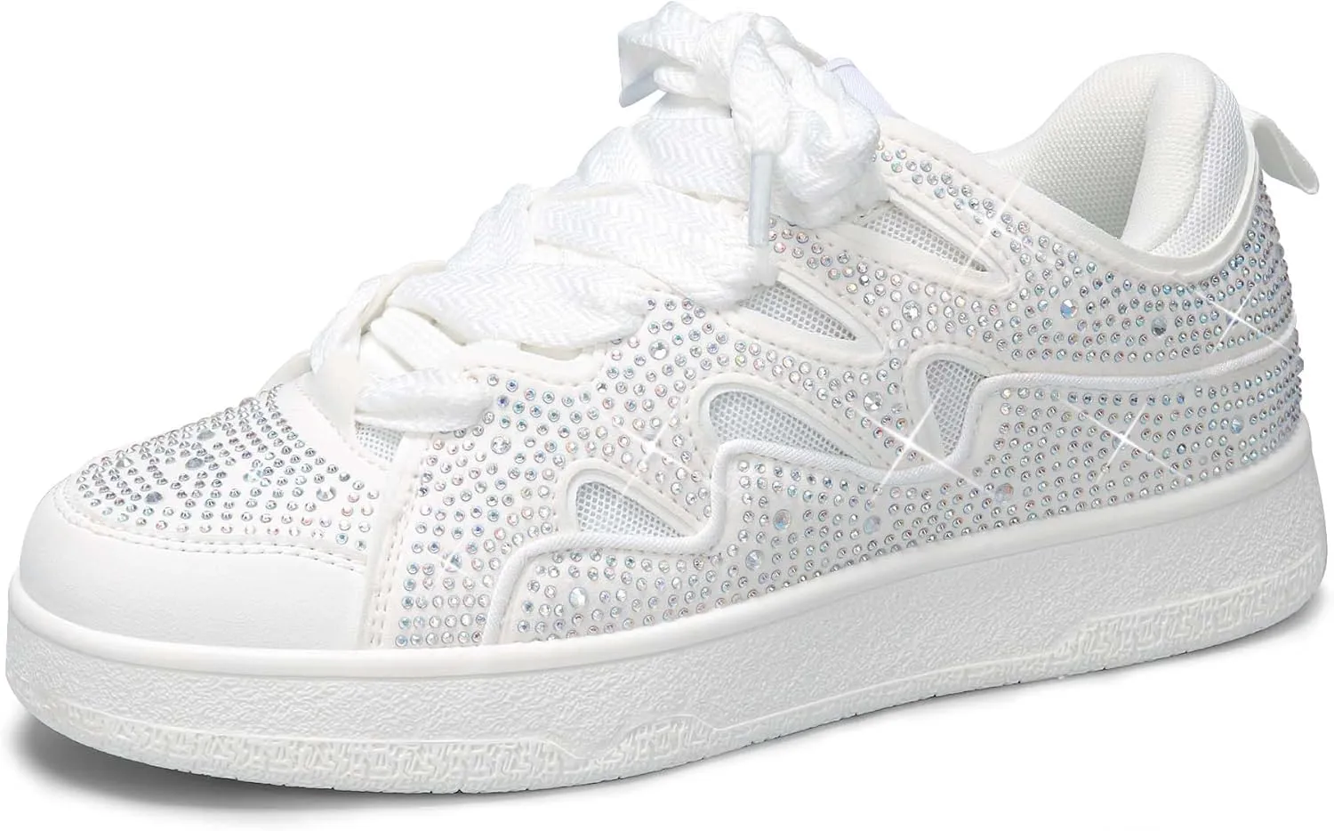 LUCKY STEP Women's Sparkle Rhinestone Fashion Sneakers Walking Tennis Bling Glitter Roaring Shoes Platform Lace up Casual Mesh Sneaker