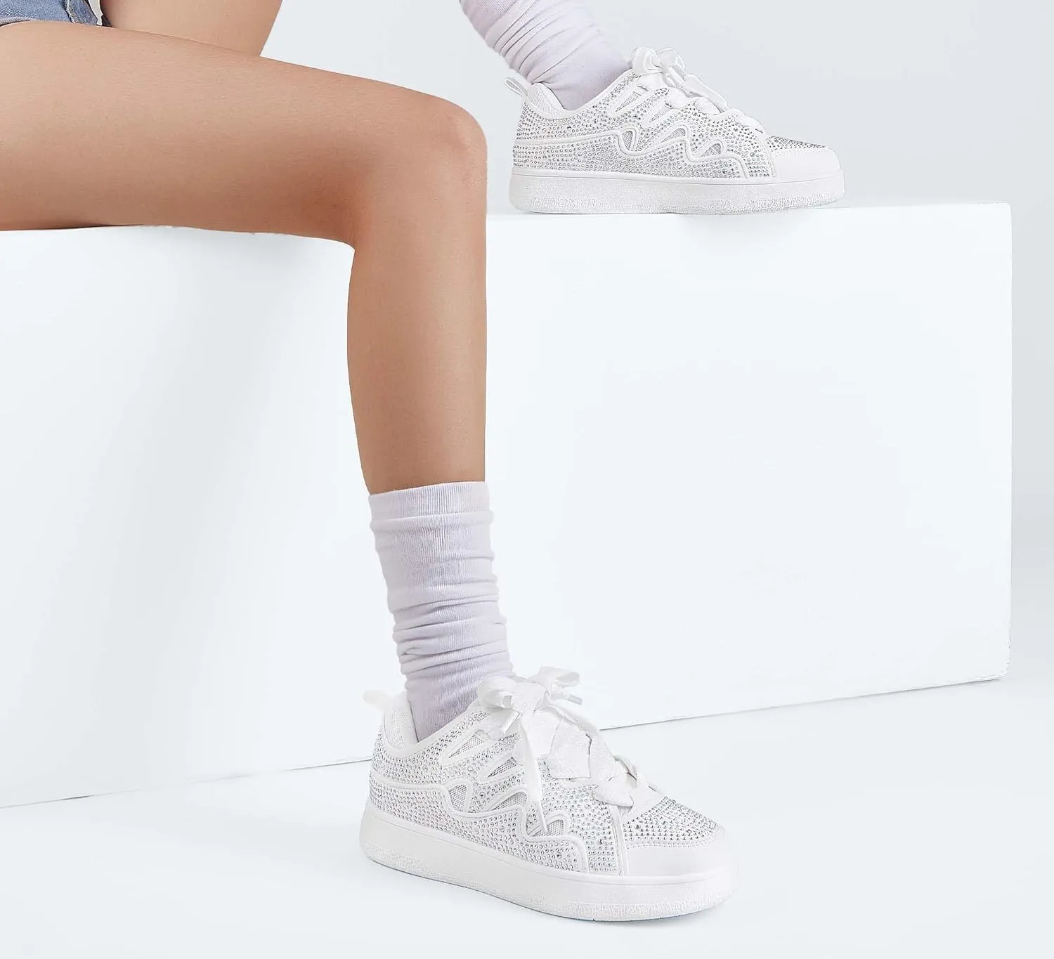LUCKY STEP Women's Sparkle Rhinestone Fashion Sneakers Walking Tennis Bling Glitter Roaring Shoes Platform Lace up Casual Mesh Sneaker