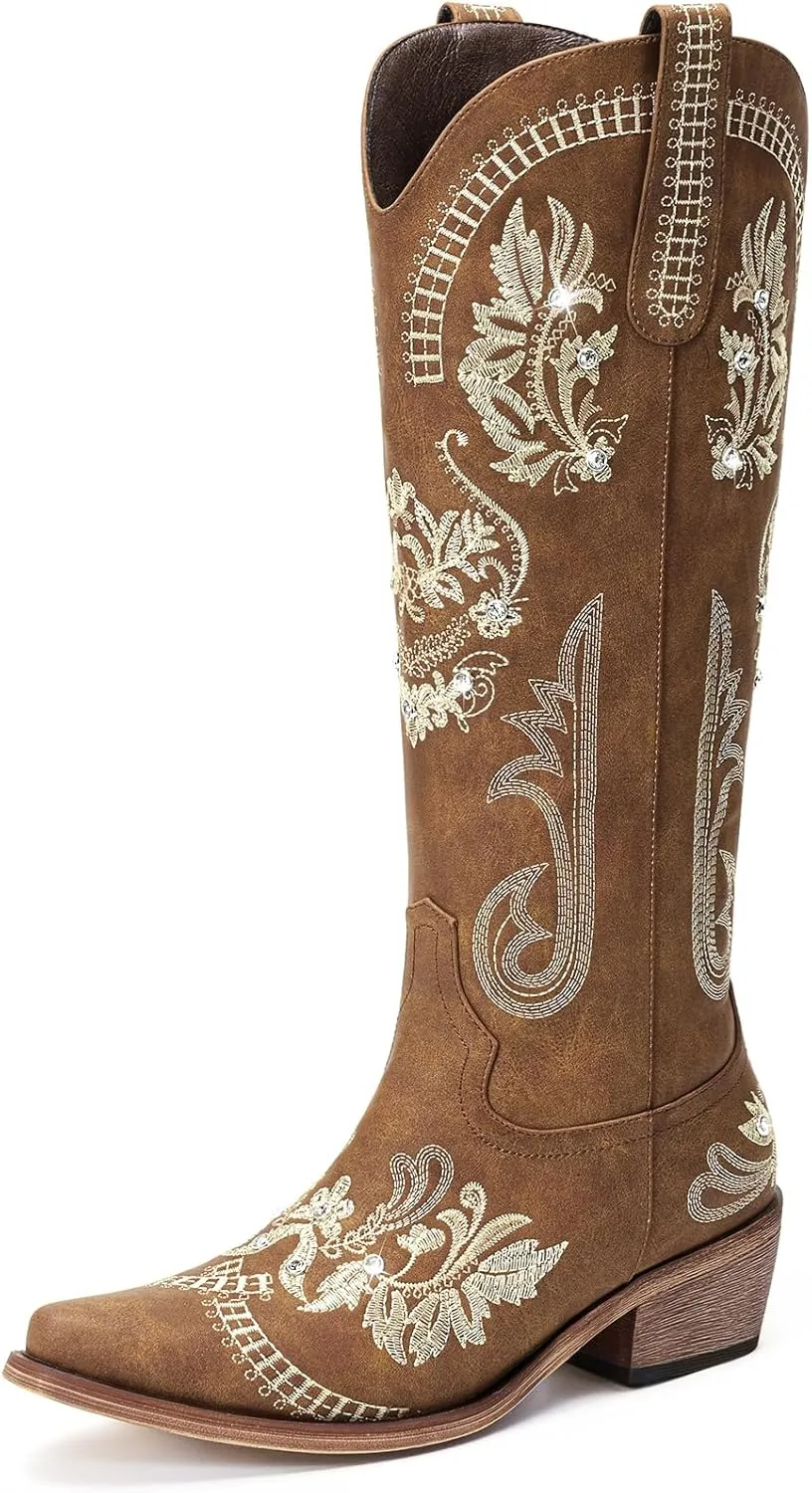 Lumeheel Cowboy Boots for Women - Knee High Western Cowgirl Boots, Sparkly Rhinestone Retro Country Boots with Classic Embroidered, Pointed Toe Chunky Heel Pull on Zipper Fashion Vintage Tall Boots
