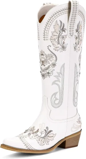 Lumeheel Cowboy Boots for Women - Knee High Western Cowgirl Boots, Sparkly Rhinestone Retro Country Boots with Classic Embroidered, Pointed Toe Chunky Heel Pull on Zipper Fashion Vintage Tall Boots