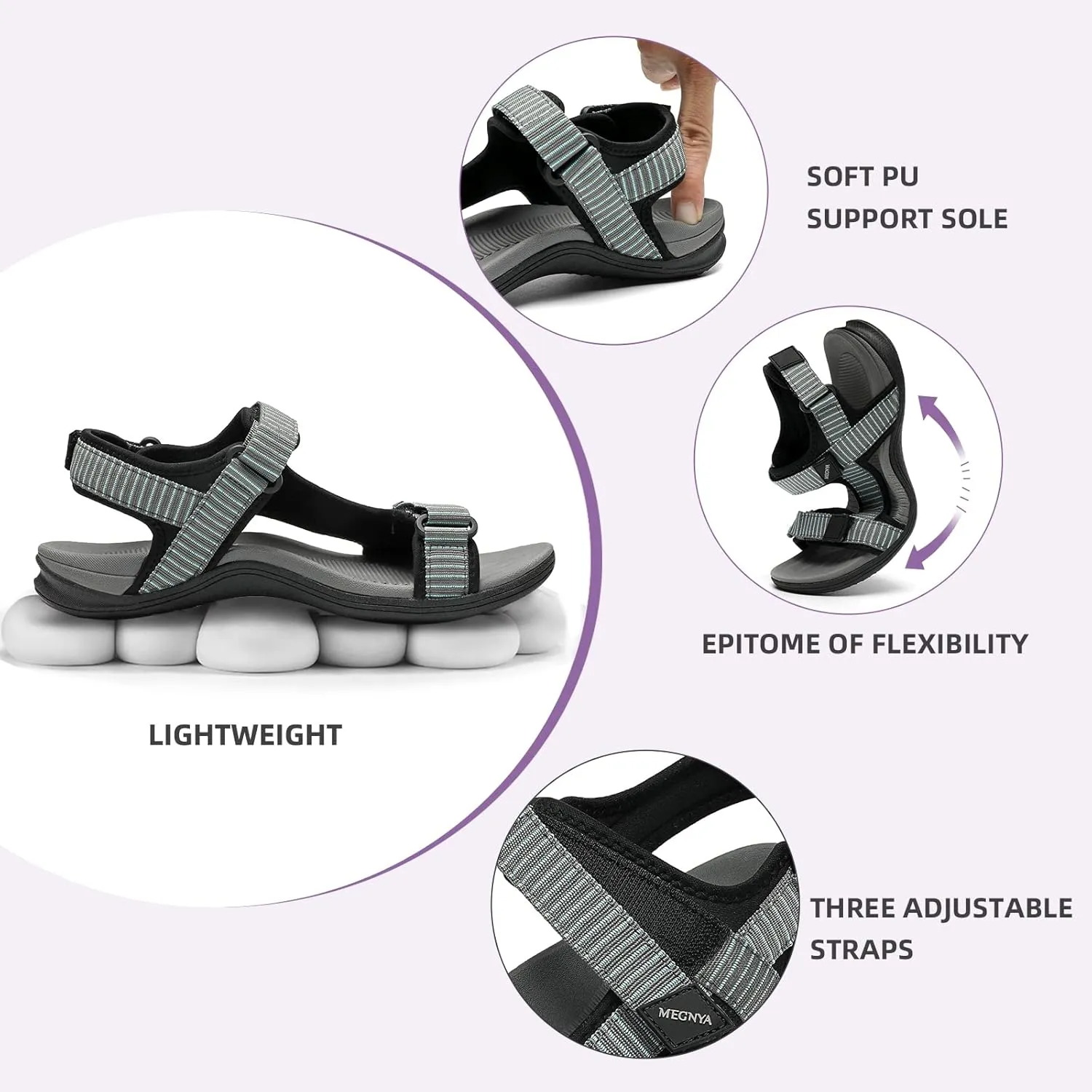 MEGNYA Comfortable Hiking Sandals for Womens, Classic Sport Walking Sandals with Adjustable Straps, Casual Summer Athletic Sandals for Trekking, Camping, Trip