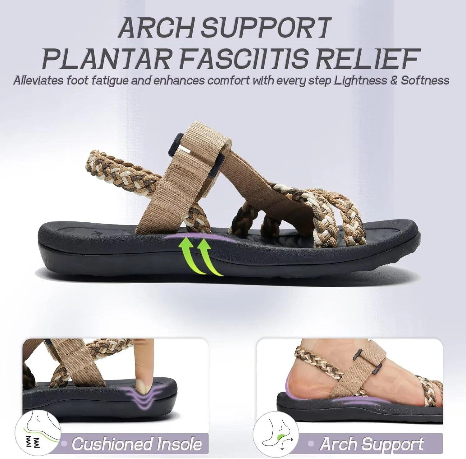 MEGNYA Hiking Sandals for Womens, Comfortable Walking Flip Flop Sandals with Arch Support, Athletic Sandals with Hook and Loop Straps for Beach Vacation Adventure