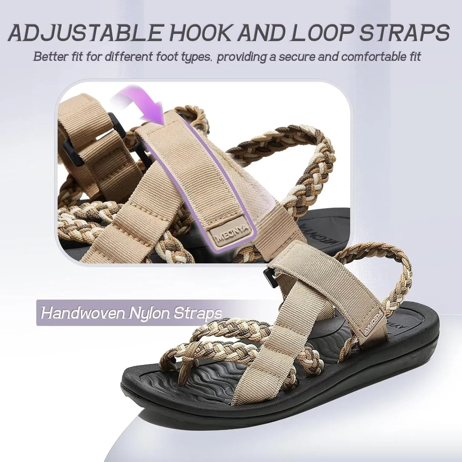 MEGNYA Hiking Sandals for Womens, Comfortable Walking Flip Flop Sandals with Arch Support, Athletic Sandals with Hook and Loop Straps for Beach Vacation Adventure