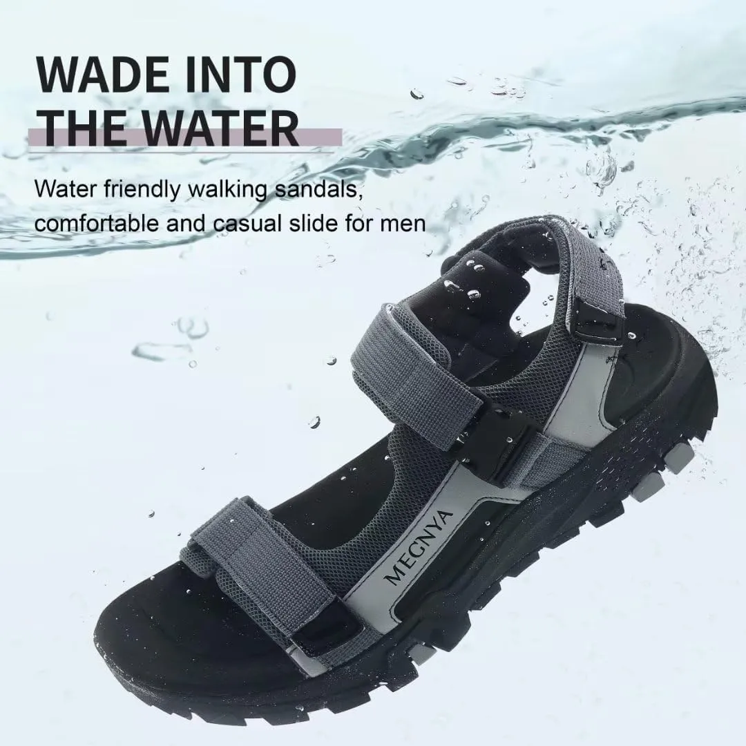 MEGNYA Mens Comfortable Walking Sandals, Soft Sports Hiking Sandals with Three Adjustable Hook And Loop Straps, Casual Beach Athletic Sandals for Outdoor Active Camping