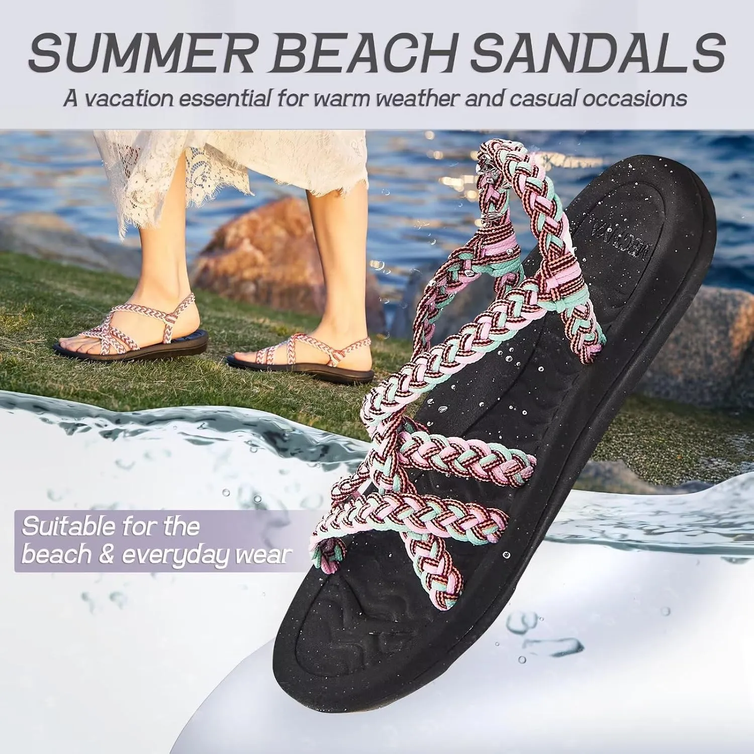 MEGNYA Women's Comfortable Walking Sandals with Arch Support, Athletic Hiking Sandals with Handmade Straps, Outdoor Soft Water Sandals for Beach Poolside Travel Camping