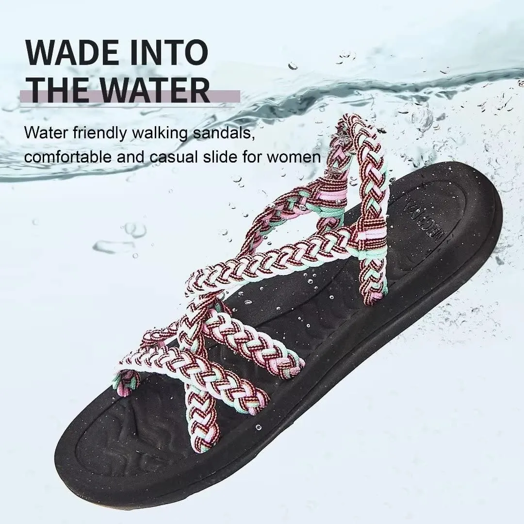 MEGNYA Women's Comfortable Walking Sandals with Arch Support, Athletic Hiking Sandals with Handmade Straps, Outdoor Soft Water Sandals for Beach Poolside Travel Camping