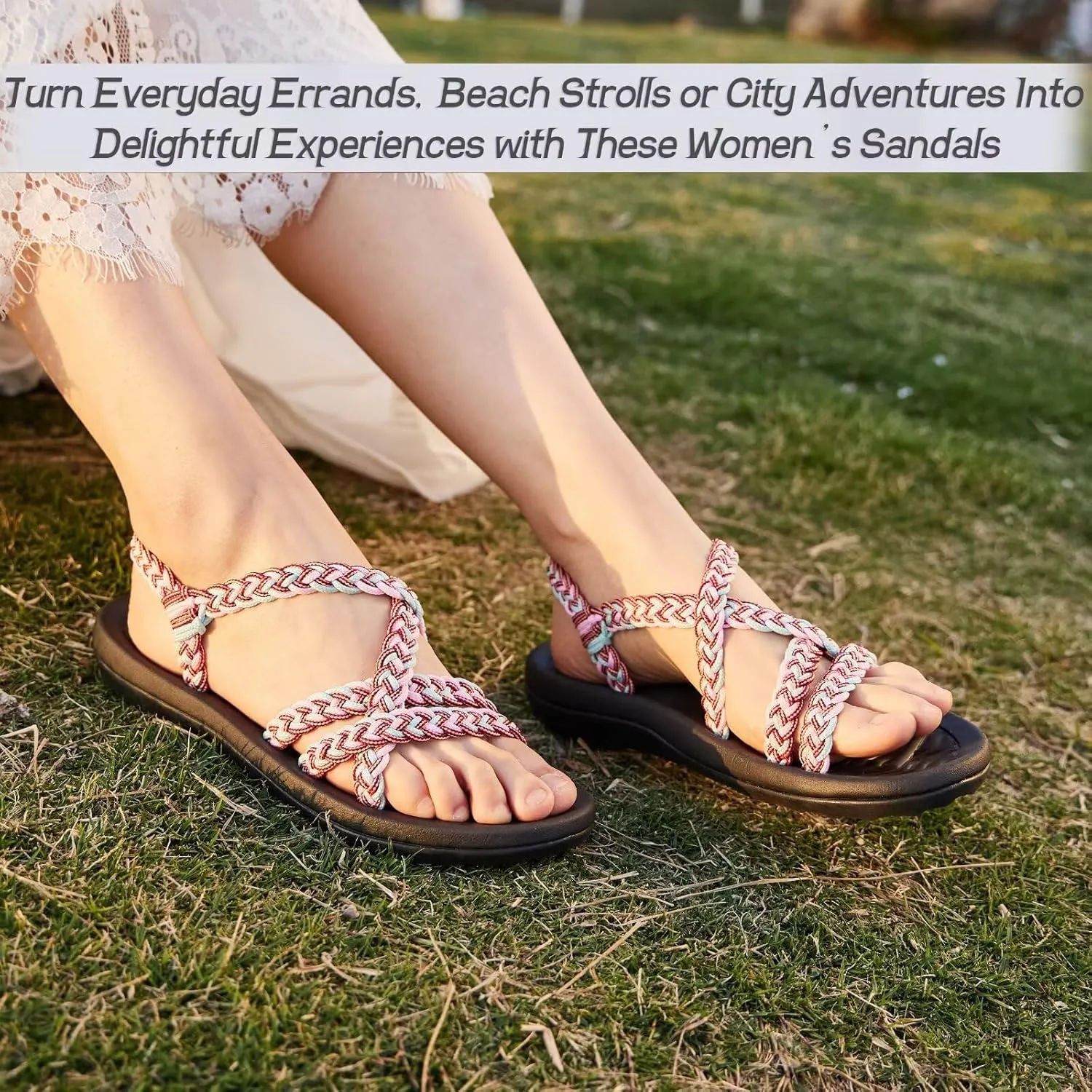 MEGNYA Women's Comfortable Walking Sandals with Arch Support, Athletic Hiking Sandals with Handmade Straps, Outdoor Soft Water Sandals for Beach Poolside Travel Camping