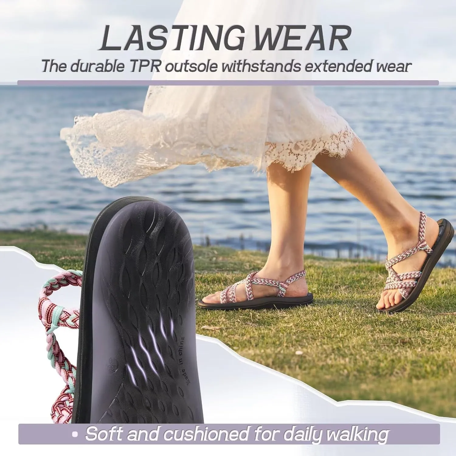 MEGNYA Women's Comfortable Walking Sandals with Arch Support, Athletic Hiking Sandals with Handmade Straps, Outdoor Soft Water Sandals for Beach Poolside Travel Camping