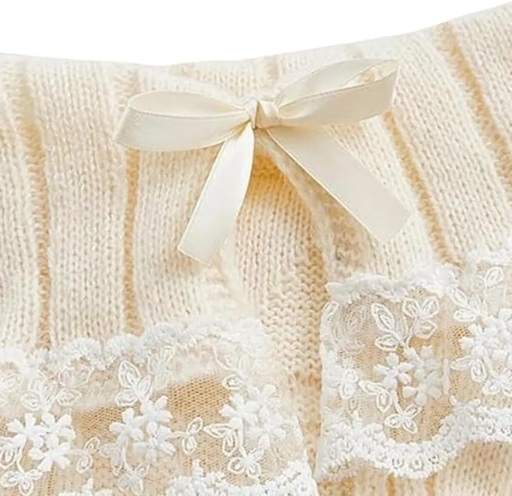 Melliflo Women Off Shoulder Sweater Top Y2K Aesthetic Long Sleeve Lace Trim Knit Pullover Sweater Cute Sweater