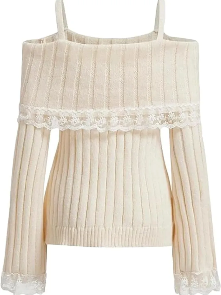 Melliflo Women Off Shoulder Sweater Top Y2K Aesthetic Long Sleeve Lace Trim Knit Pullover Sweater Cute Sweater