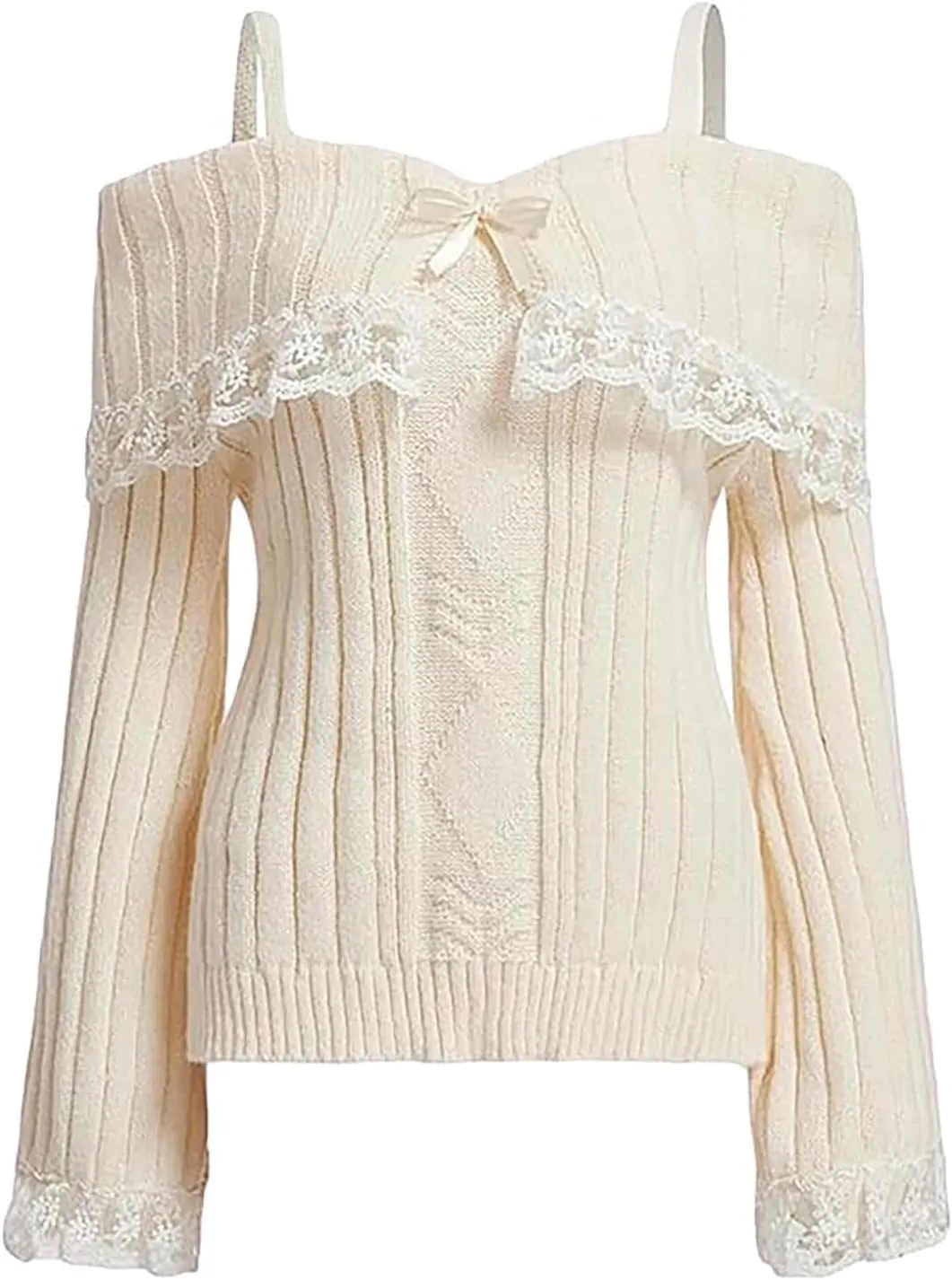 Melliflo Women Off Shoulder Sweater Top Y2K Aesthetic Long Sleeve Lace Trim Knit Pullover Sweater Cute Sweater