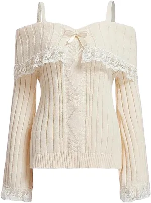 Melliflo Women Off Shoulder Sweater Top Y2K Aesthetic Long Sleeve Lace Trim Knit Pullover Sweater Cute Sweater