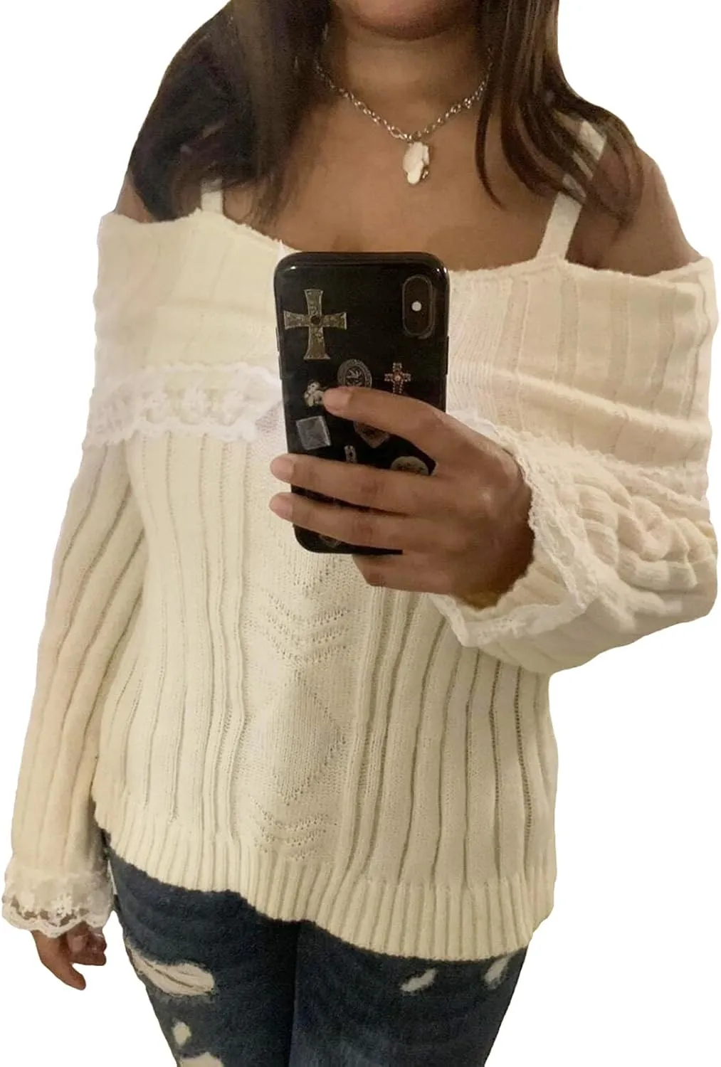 Melliflo Women Off Shoulder Sweater Top Y2K Aesthetic Long Sleeve Lace Trim Knit Pullover Sweater Cute Sweater